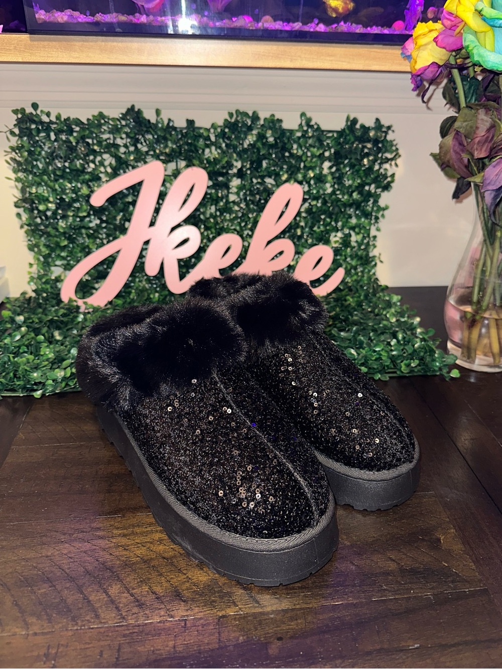 Black Sequin Fur-Lined Women's Shoes size 6, 7, 7.5, 8.5, 9.5
